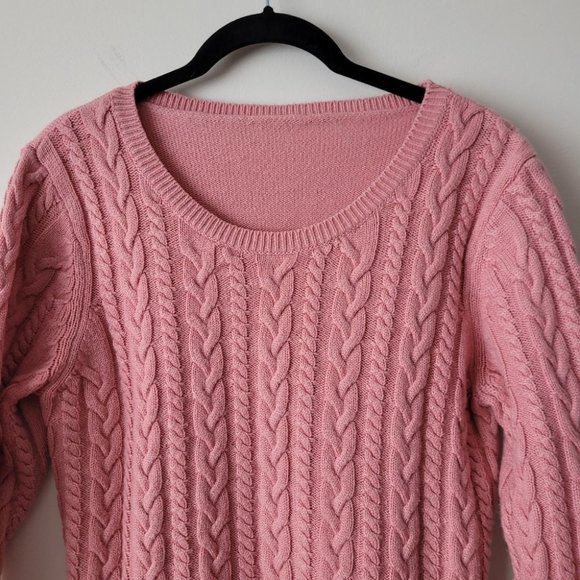 VINTAGE Pink Chunky Cable Knit Scoop Neck Sweater Pullover - Picture 8 of 11